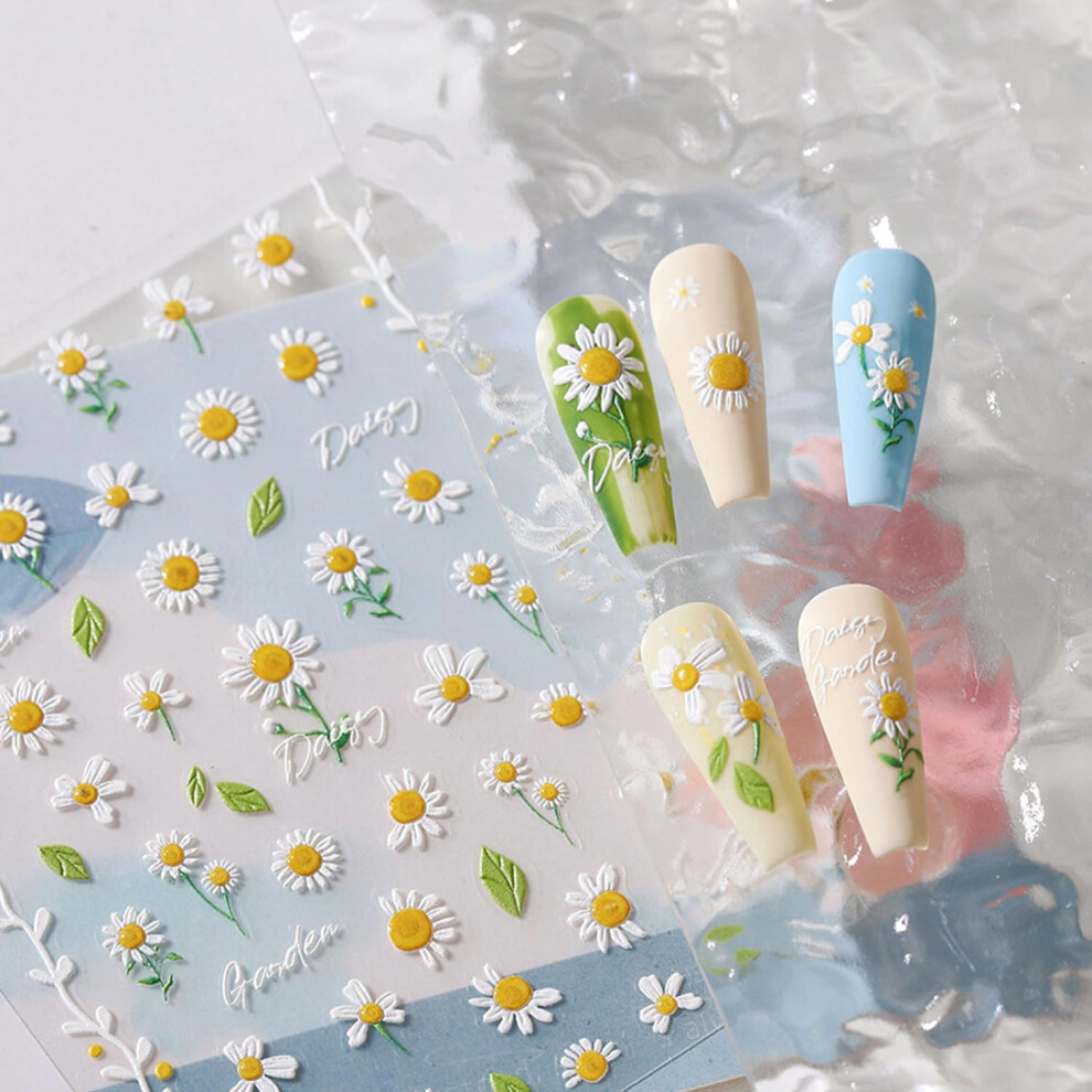 White Daisy Nail Art Stickers 5D Embossed Flower Decals Self Adhesive Sunflower Design for Spring Summer Manicure