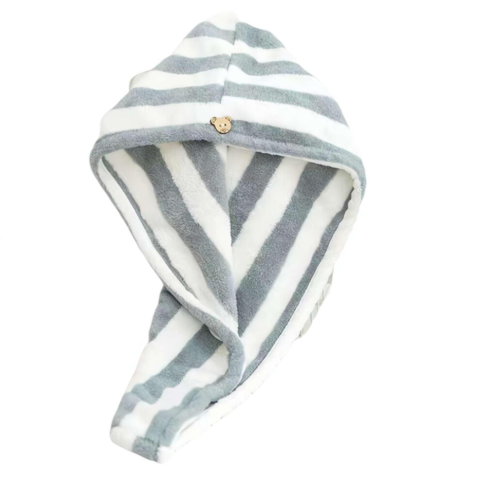 Gray Microfiber Hair Towel Wrap For Long Hair, Super Absorbent Quick Dry Striped Shower Cap