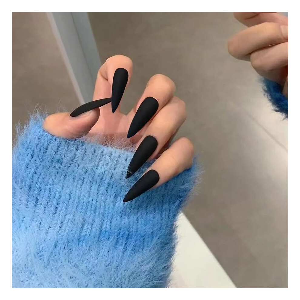 Black Matte Stiletto Press On Nails 24Pcs Long Almond Fake Nails With Glue Reusable Salon Set
