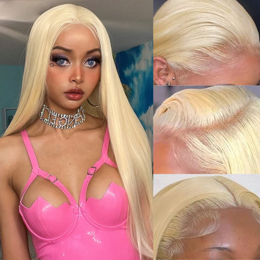 Unisex 28 Inch 613 Blonde Lace Front Wig Human Hair 13X4 Straight Brazilian Virgin Pre Plucked