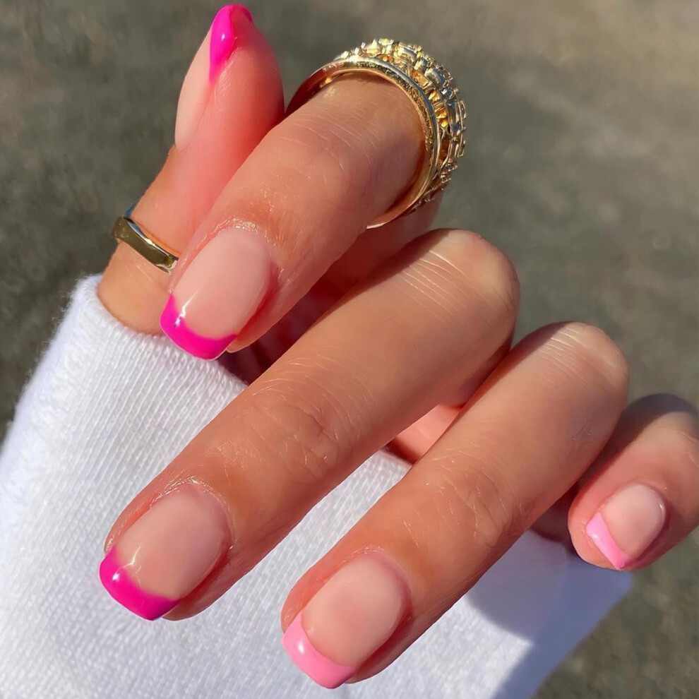 Pink,Cream,Purple Salon Gel Nude French Tip Extra Short Squoval Press On Nails Purple Pink Ombre Reusable Fake Nails