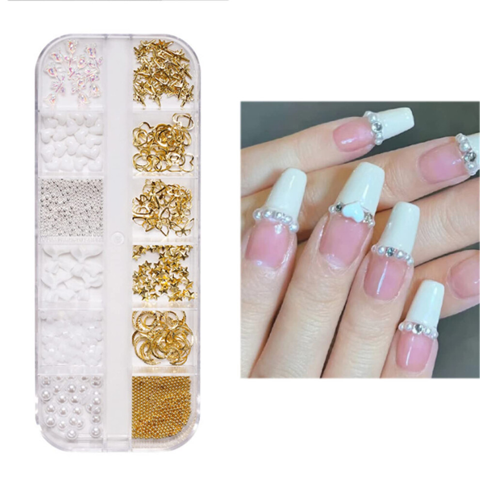 12 Grids 3D Resin Nail Art Decorations Set with Mixed Shape Pearl Rhinestones for Acrylic Nails