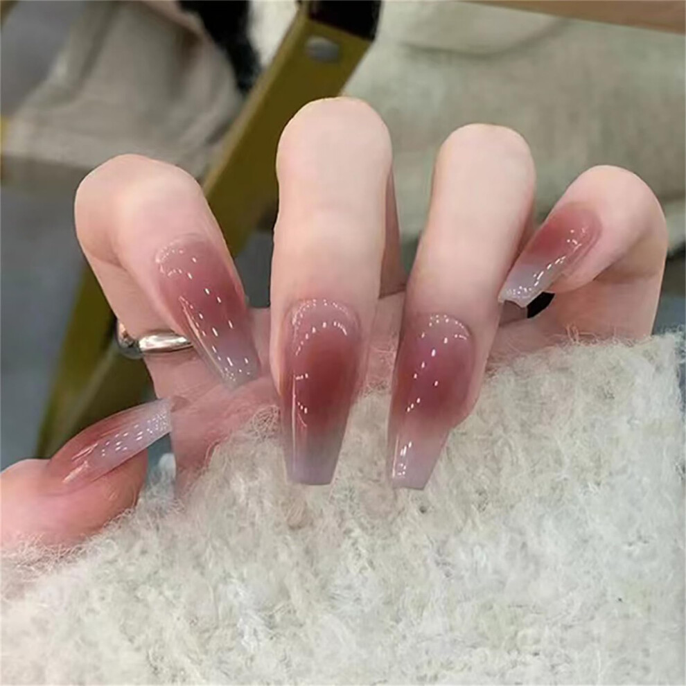 Pink Gray Gradient Long Coffin Press On Nails French Tips Reusable False Nail Set 24Pcs