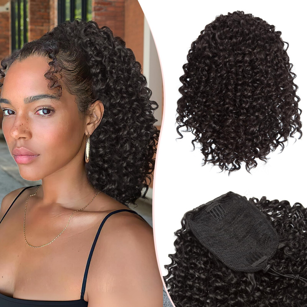Unisex Black 8 Inch Kinky Curly Ponytail Extension With Drawstring, Jet Synthetic Hairpiece 130G
