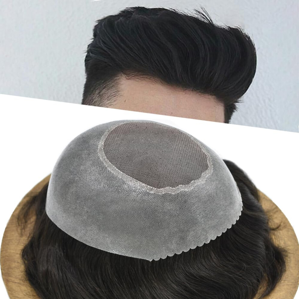 Unisex Black Mens Human Hair Toupee 8X10 Mono Base Hairpiece With Natural Scalp Appearance And Secure Poly Perimeter Off