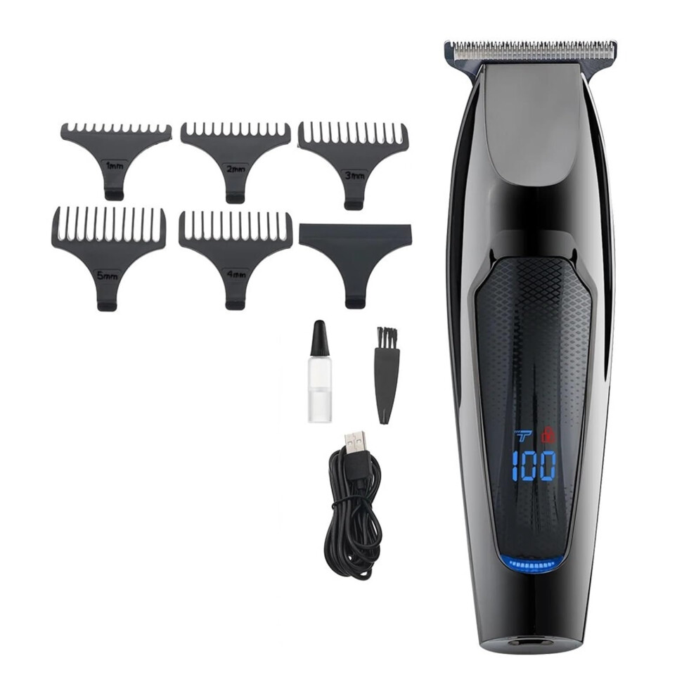Black Professional Usb Rechargeable Hair Trimmer With T Blade And Lcd Display For Precise Cutting
