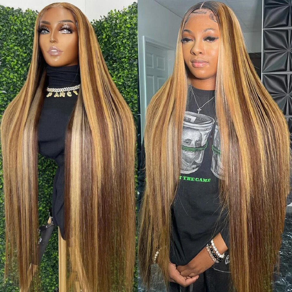 Unisex 28 Inch Honey Blonde Highlight Lace Front Wig Human Hair 13X6 Hd Transparent Pre Plucked Straight