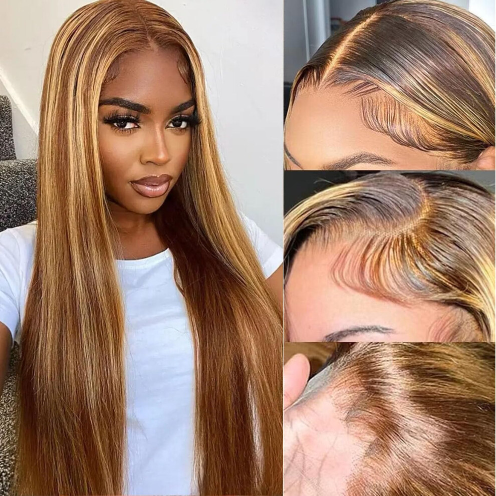 26 Inch Honey Blonde Highlight Lace Front Wig Human Hair 13x6 HD Pre Plucked 180 Density Straight