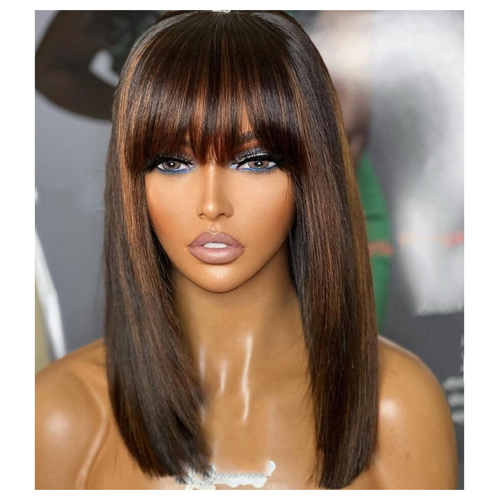 14 Inch Brown Highlight Bob Wigs with Bangs Human Hair for Black Women, Glueless 200% Density