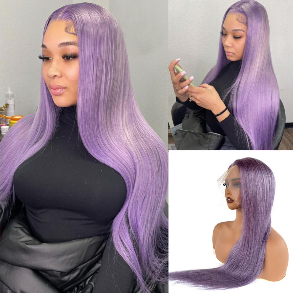 Unisex Purple 32 Inch Lace Front Wig Human Hair 13X4 Hd Pre Plucked Natural Hairline Glueless For Women