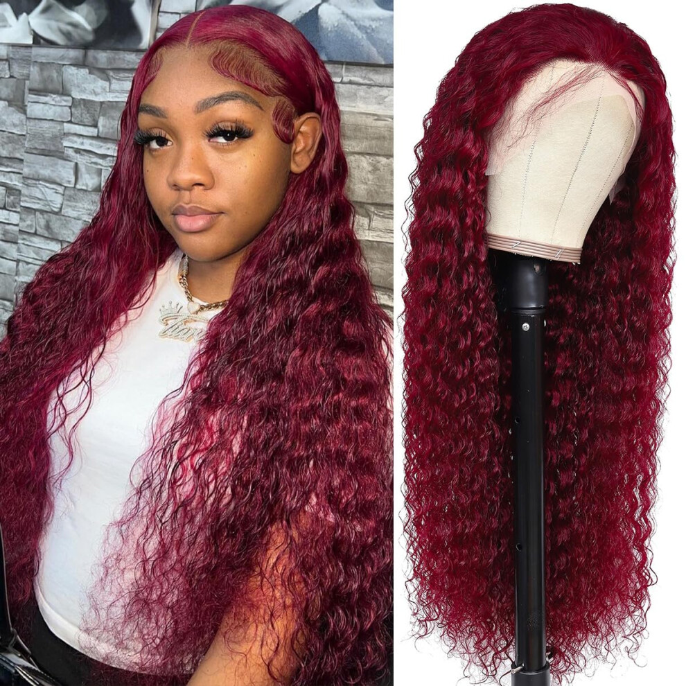 Unisex Red 99J Burgundy Deep Wave Lace Front Wig Human Hair 13X4 Glueless Preplucked Natural Hairline 24''
