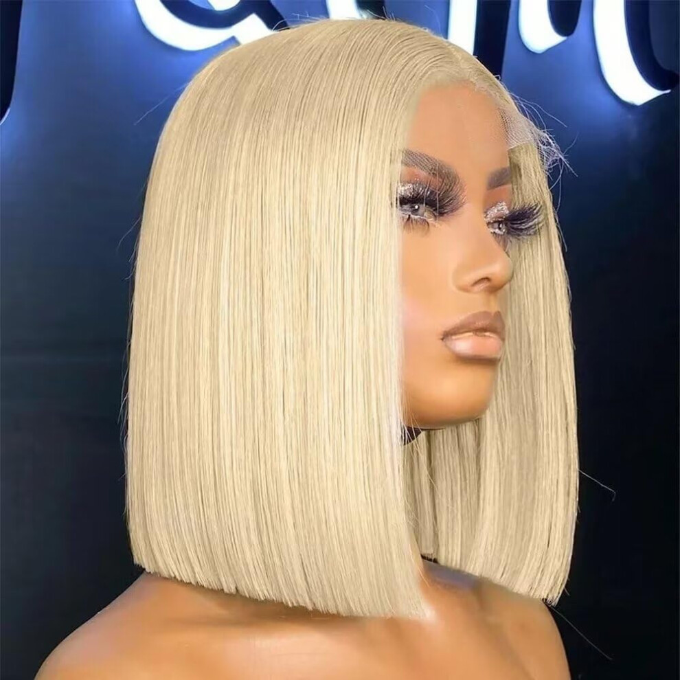 Unisex 613 Blonde Human Hair Lace Front Bob Wig 10 Inch Hd Transparent Glueless Pre Plucked