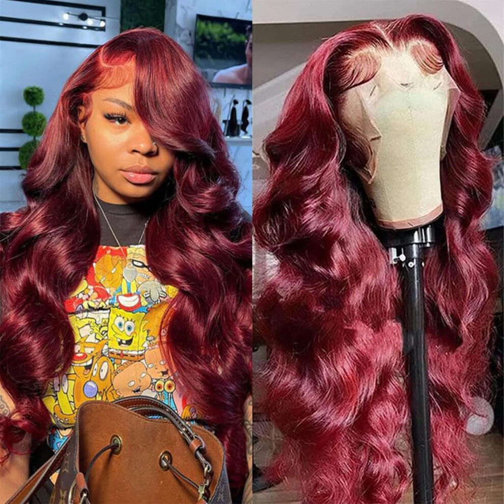 Unisex 26 Inch Reddish Brazilian Body Wave Human Hair Lace Front Wig, Glueless 180% Density, Preplucked Transparent Lace