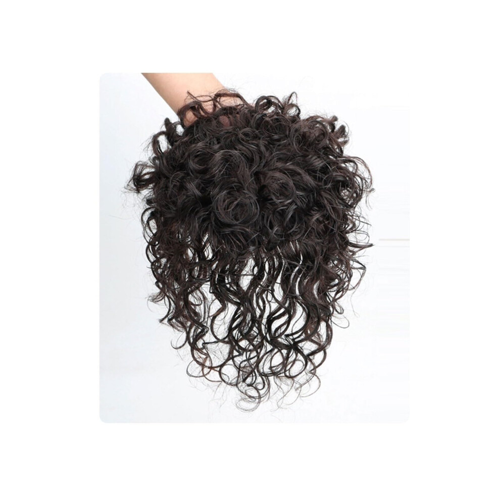 Unisex Black Human Hair Topper With Bangs, Short Curly Clip In Hairpiece For Thinning Hair, 25Cm