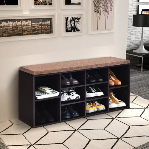 Shoe Bench with Cushion, Adjustable Shelves, Brown Wood 1
