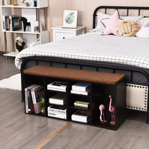 Shoe Bench with Cushion, Adjustable Shelves, Brown Wood 2