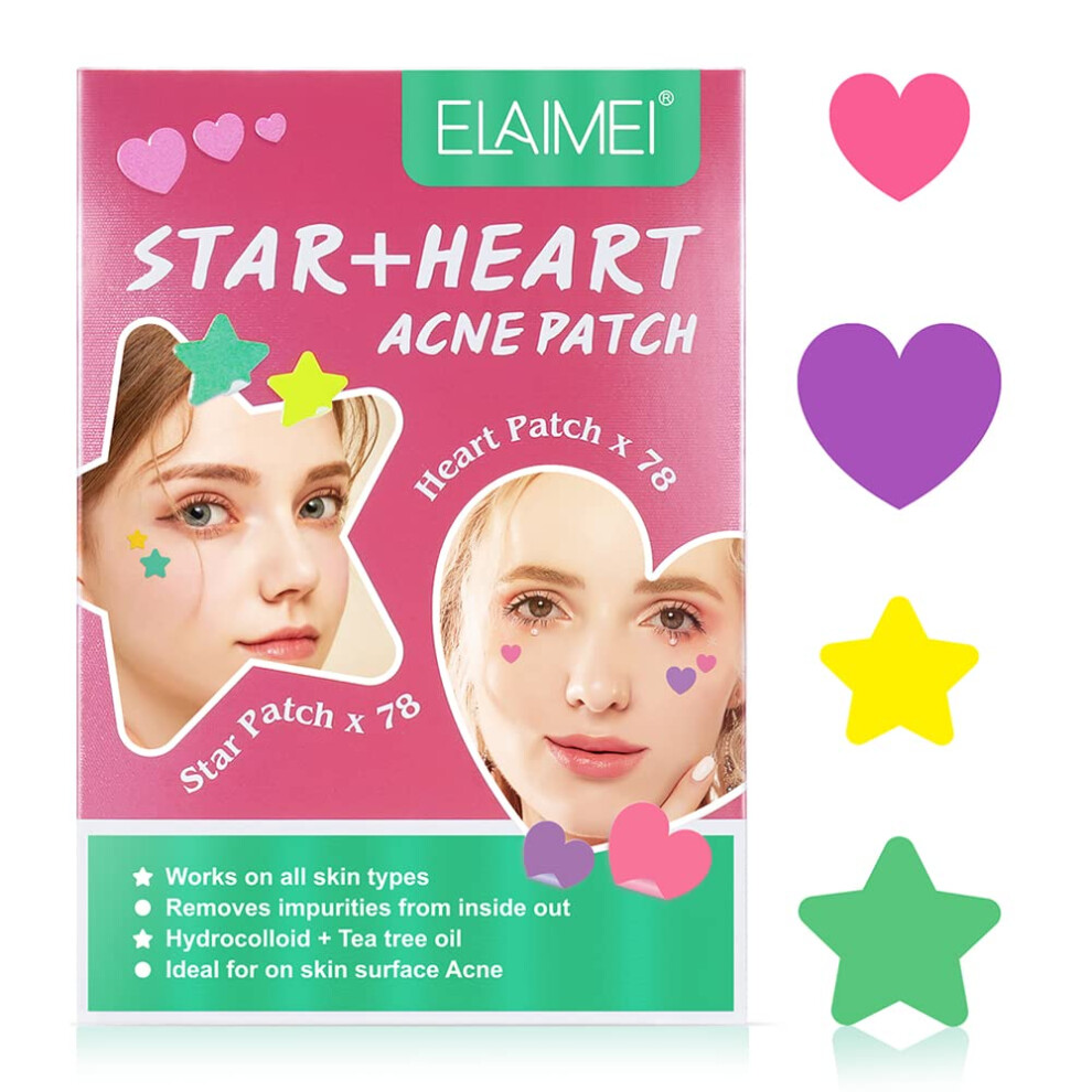 Acne Patches with Tea Tree Oil, Hydrocolloid Star and Heart Pimple Patches for Fast Blemish Healing