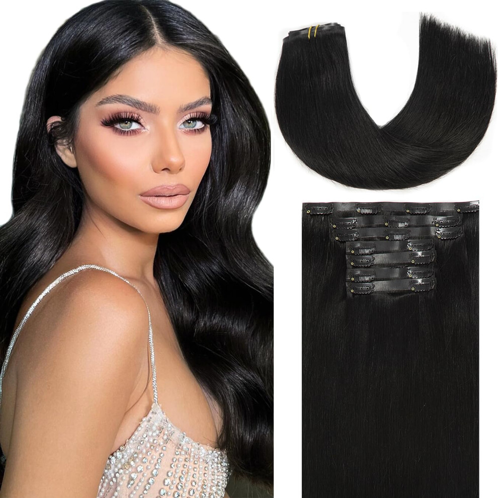 Unisex Black 14 Inch Jet Seamless Remy Human Hair Clip In Extensions Pu Weft Silky Straight 7Pcs