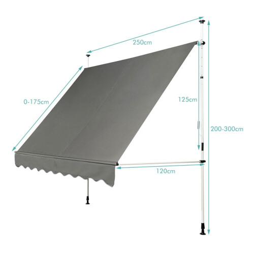 Toldo de balcón ajustable con manivela, 250x120 cm, gris 2