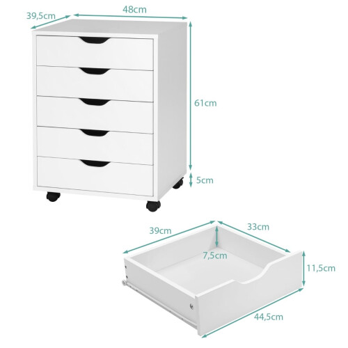 Mobile File Cabinet with 5 Drawers, White, 48x39.5x65.5 cm 2
