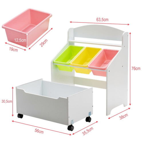 Prateleira para brinquedos infantis com rodinhas, em MDF branco. 2