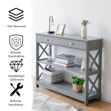 Consola con cajón, 3 niveles, madera, 100x30x80 cm, gris