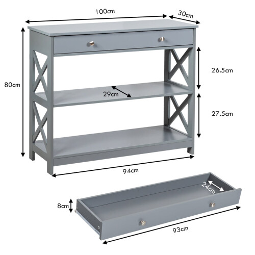 Mesa de console com gaveta, 3 níveis, madeira, 100x30x80 cm, cinza 2