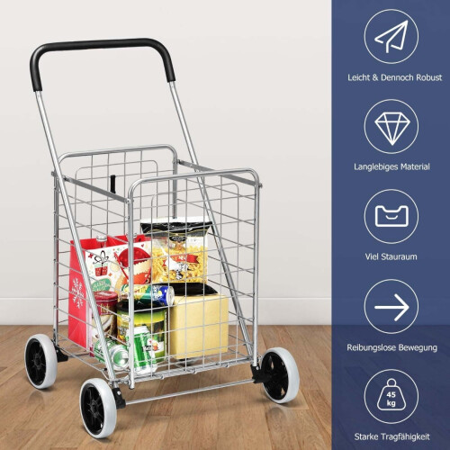 Collapsible Shopping Cart with Wheels, Silver, 45kg Capacity 1