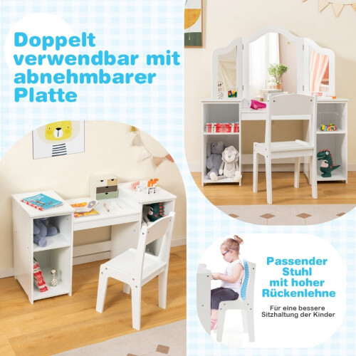 Kids Vanity & Desk Set with Tri-Fold Mirror, White 2