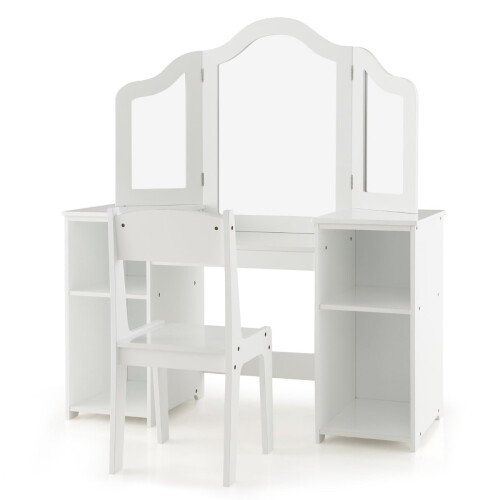 Kids Vanity & Desk Set with Tri-Fold Mirror, White 1