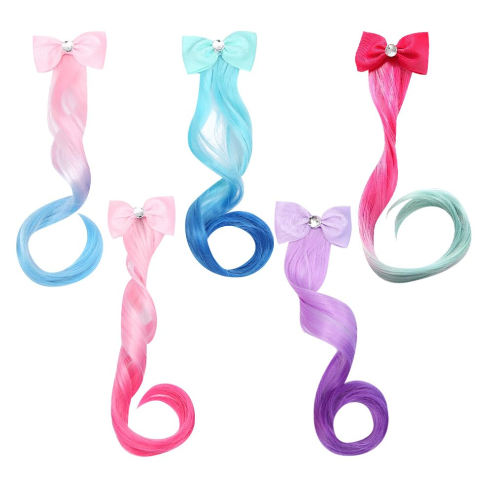 5 Pcs Curly Hair Extensions with Bow Clips, Gradient Braided Princess Wig Hair Pieces 30cm