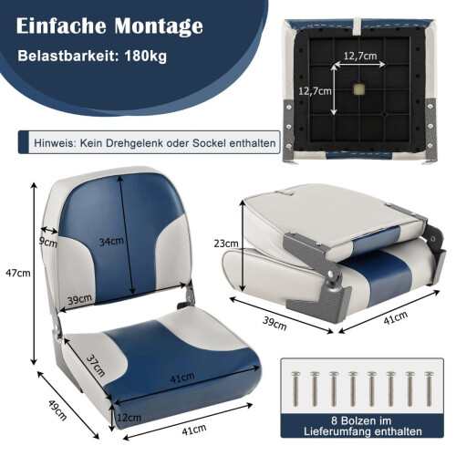 Set di sedili per barca, 2 pezzi, pieghevoli, blu e bianco, PVC 1