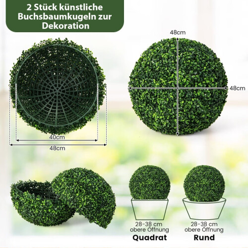 Palline di bosso artificiali, 48 cm, resistenti ai raggi UV, set da 2 1