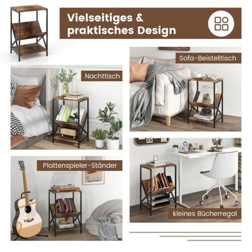 3-Tier Side Table with V-Shaped Magazine Holder, Brown 1
