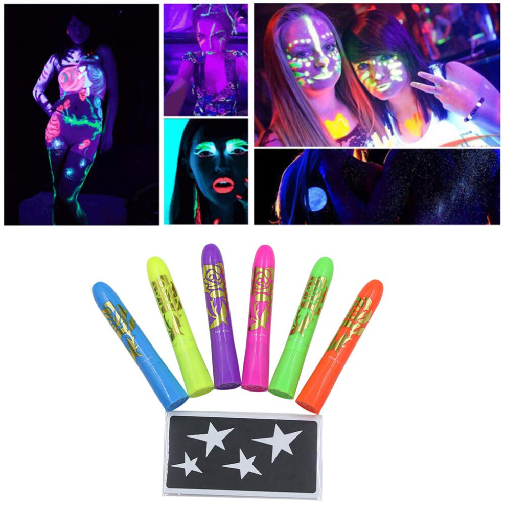 Neon Body Paint Crayons with UV Glow Effect, Washable LongLasting Formula, 6 Vibrant Colors