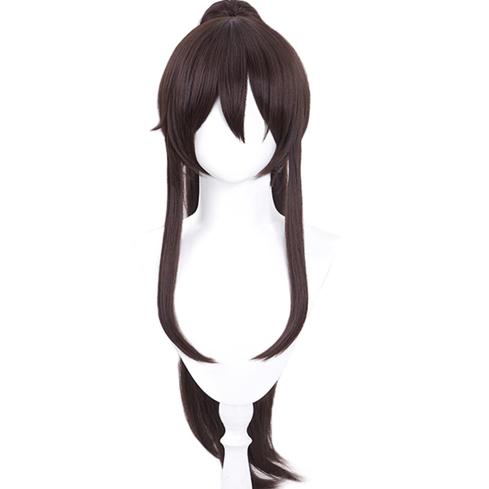 Unisex Brown Anime Cosplay Wig Long Hair Ponytail With Bangs Heat Resistant Synthetic