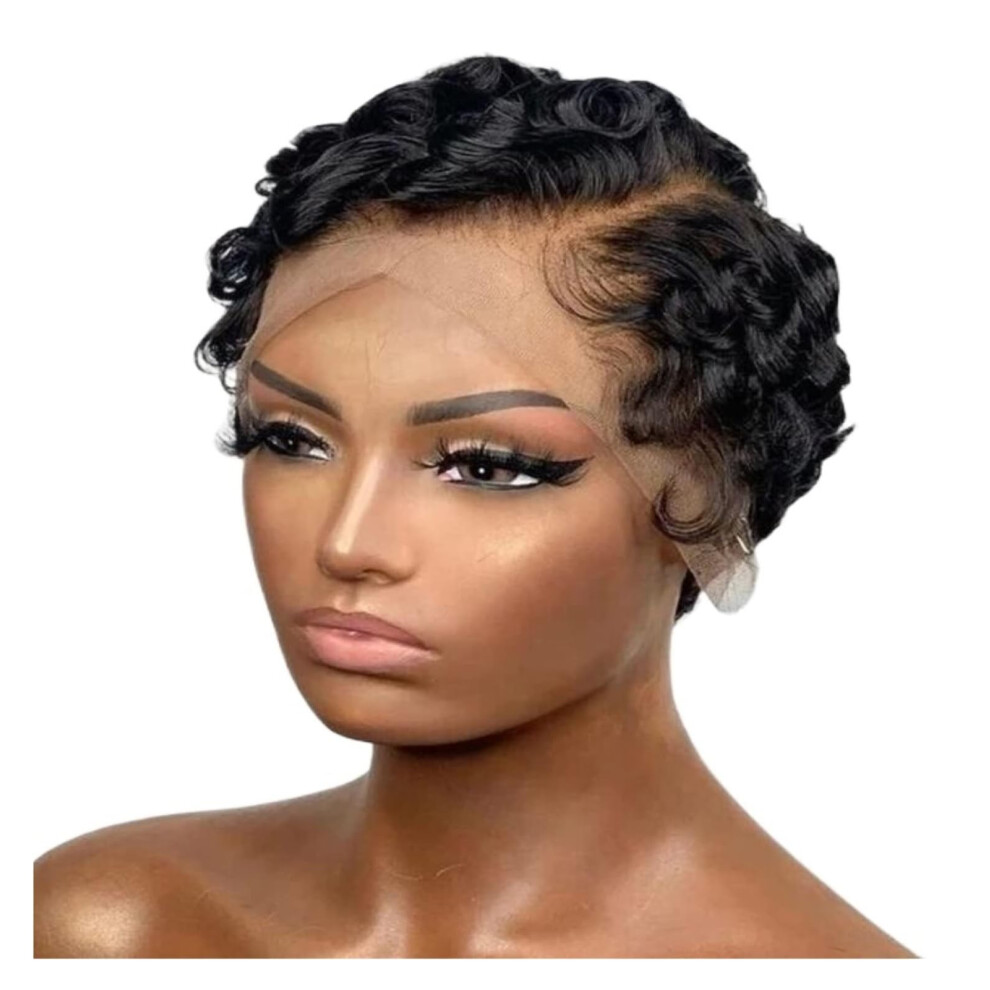 Short Curly Wig Lace Front Human Hair Black Bob for Women Natural Look Adjustable Fit