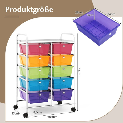 Carrello portaoggetti con ruote e 10 cassetti, colore trasparente 2