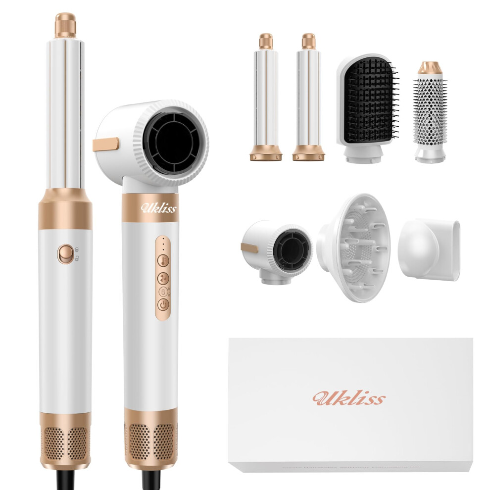 Hot Air Brush Styler 110000 RPM 7in1 Ionic Hair Dryer Brush with Auto Curler 38mm White