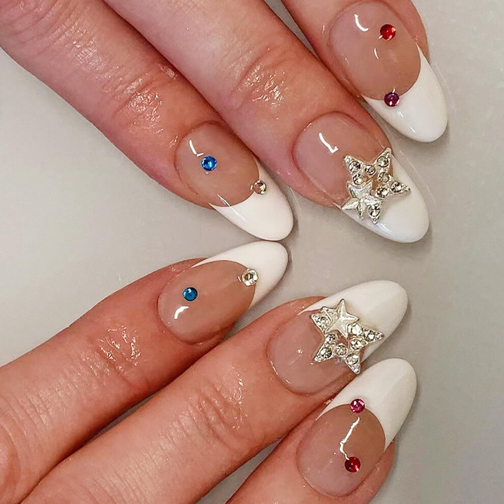 White French Tip Almond Press On Nails with Silver Pentagram, Reusable Glossy Finish Nail Kit