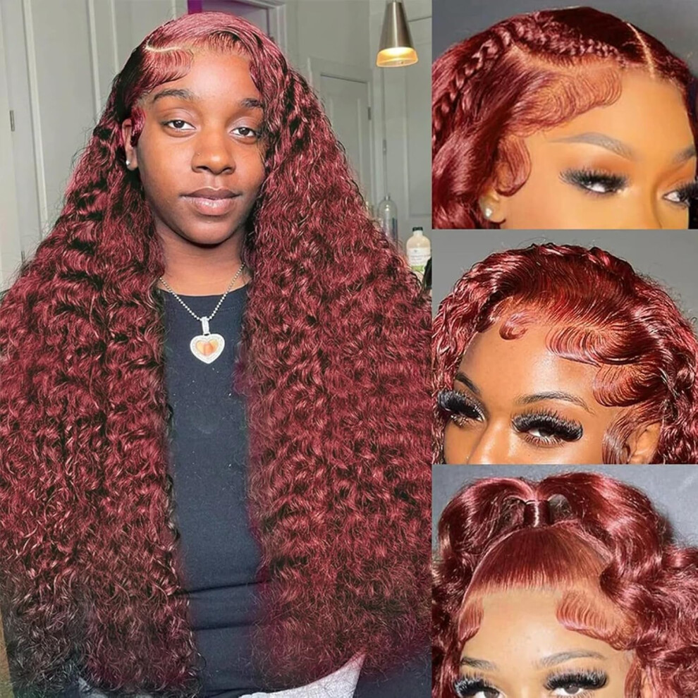 Unisex Red 28 Inch Auburn Water Wave Wig 13X4 Hd Lace Front Virgin Human Hair Pre Plucked Glueless 150% Density