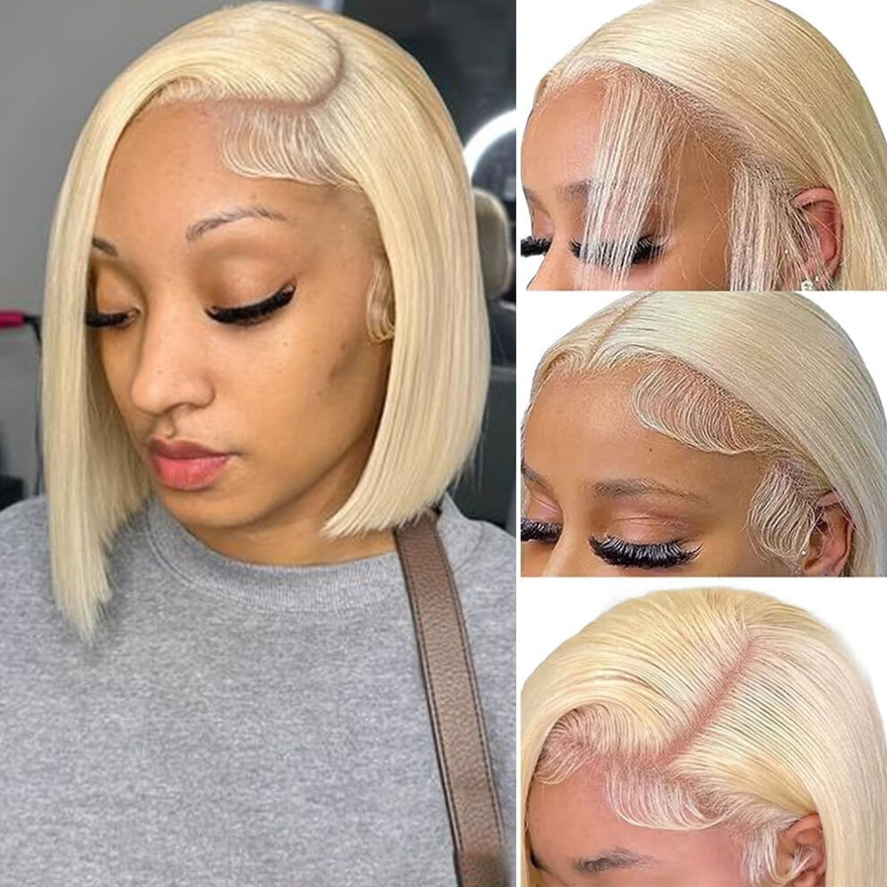 Unisex 613 Blonde Bob Wig Lace Front Human Hair Glueless Short 8 Inch Natural Hairline