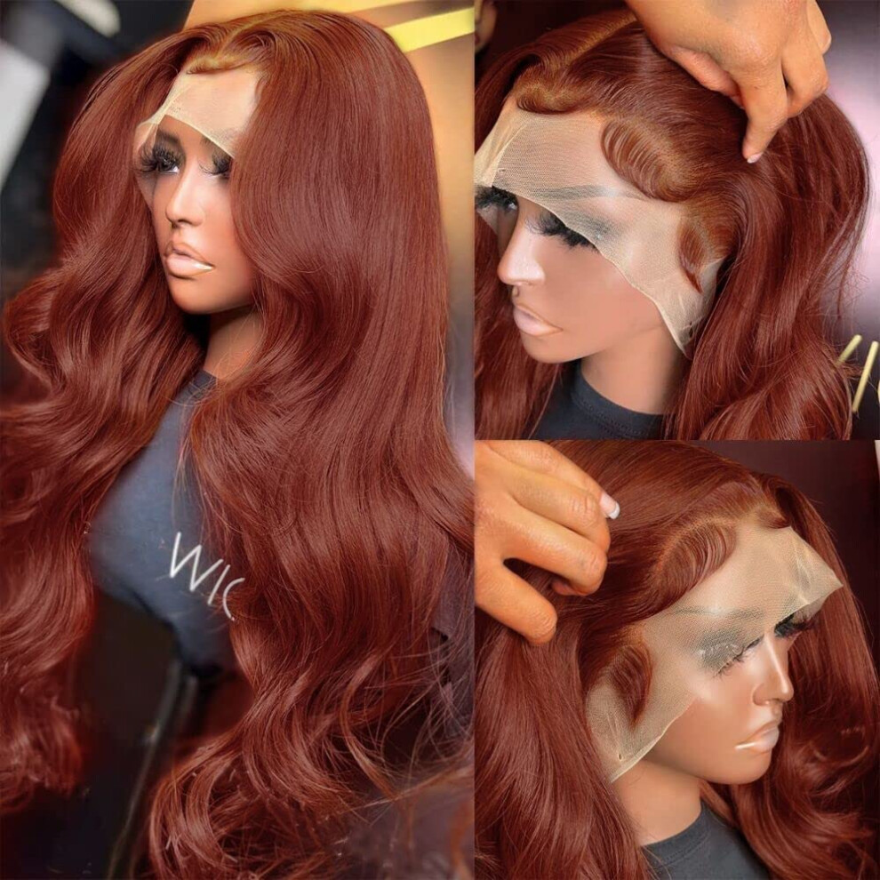 Unisex Brown 24 Inch Reddish Body Wave Human Hair Lace Front Wig Glueless Pre Plucked Hd 13X4