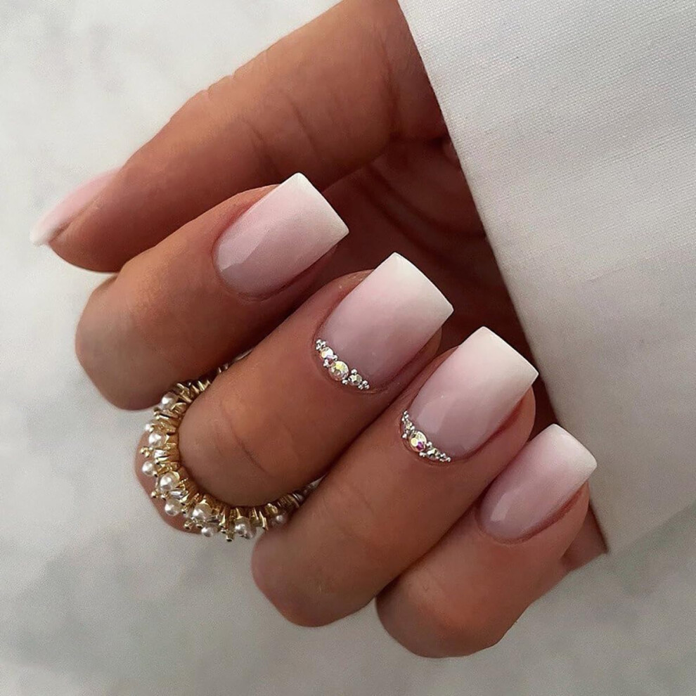 Pink,White Short Square Press On Nails Pink And White Gradient Fake Nails With Rhinestones Salon Look 24Pcs