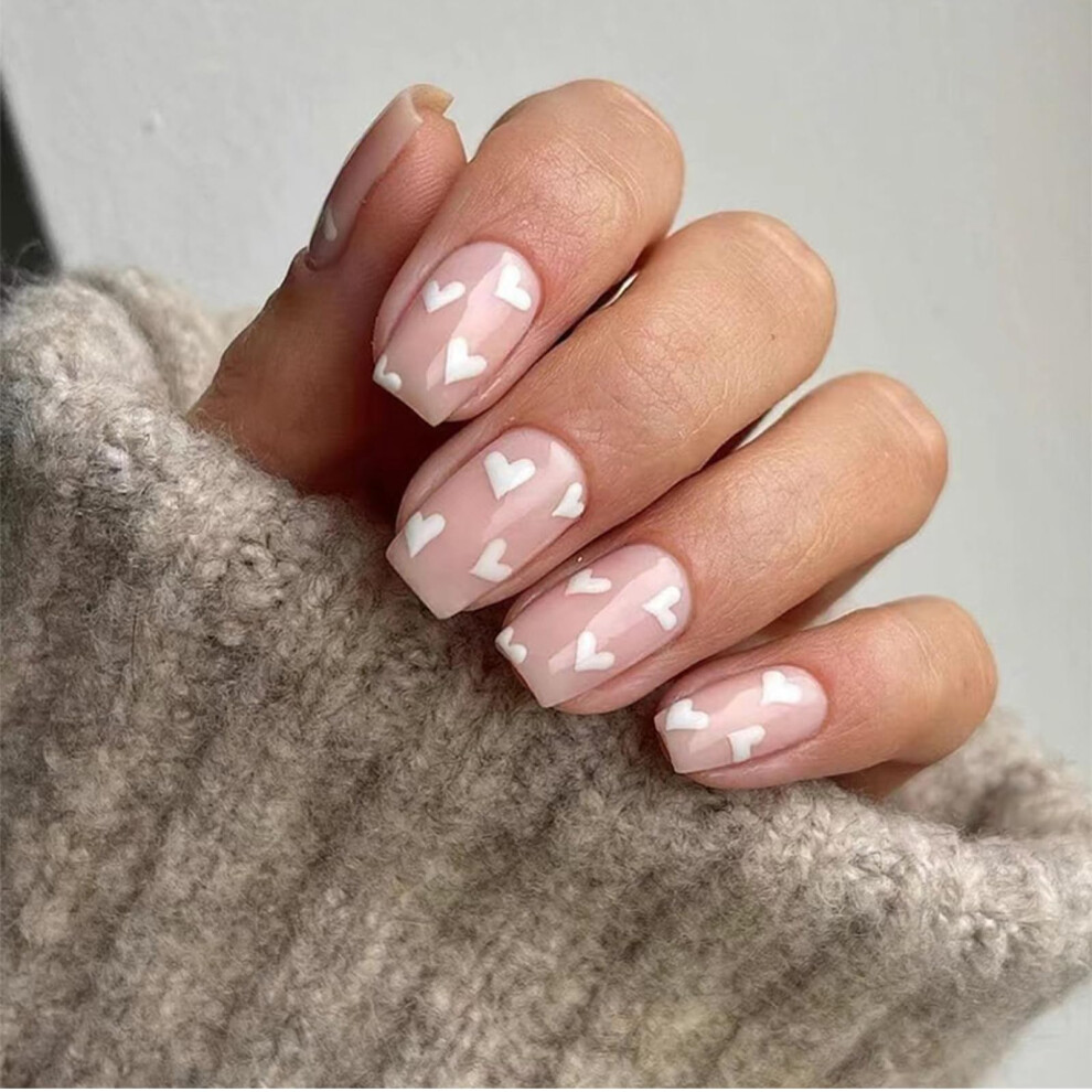 Pink Heart Press on Nails Short Square Glossy Fake Nails Valentine Theme 24pcs Acrylic Set