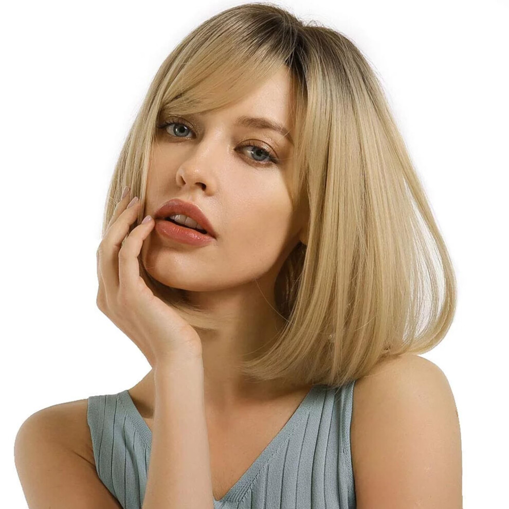Unisex Dark 14 Inch Ombre Blonde Bob Wig With Bangs, Roots Human Hair Shoulder Length For Women