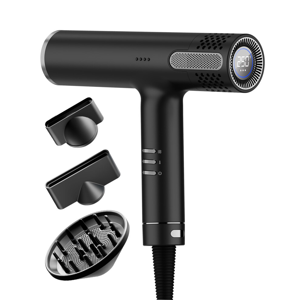 Black Professional Ionic Hair Dryer With Diffuser, Lightweight Fast Drying For Curly Hair