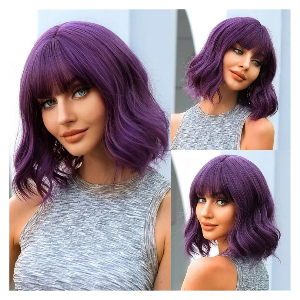 Unisex Pink Synthetic Bob Wig With Bangs Shoulder Length Wavy Curly Hair For Daily Wear And Cosplay