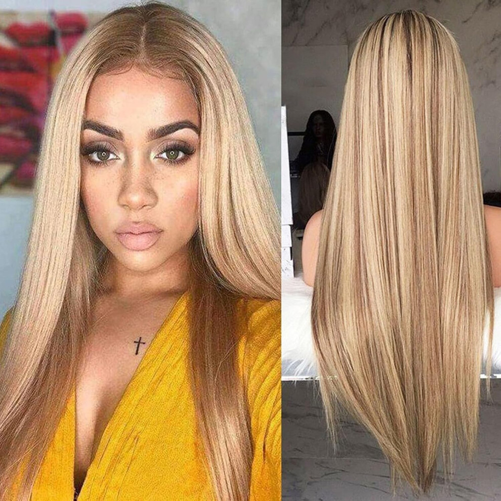 Long Ombre Brown Blonde Human Hair Wig with Dark Roots, Heat Resistant Realistic Wig for Women