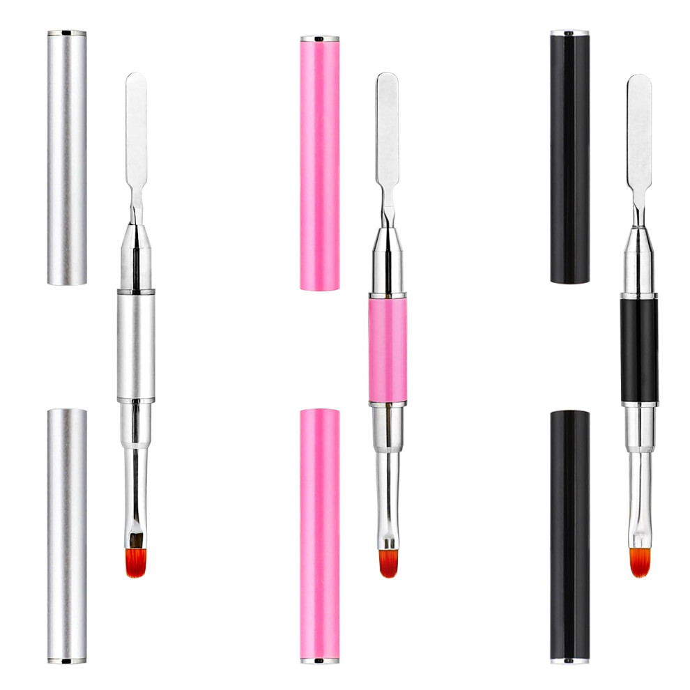 3pcs Dual End Gel Nail Brush and Spatula Set for Builder and Poly Gel Extensions with Caps